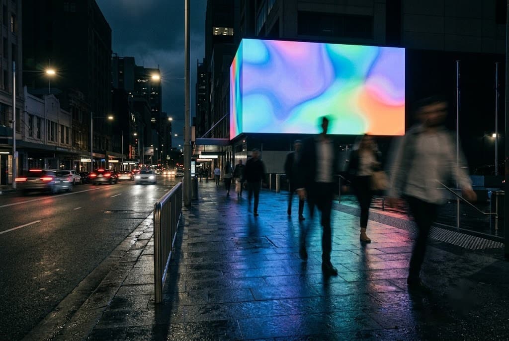City street at night with pedestrians in motion past a digital screen