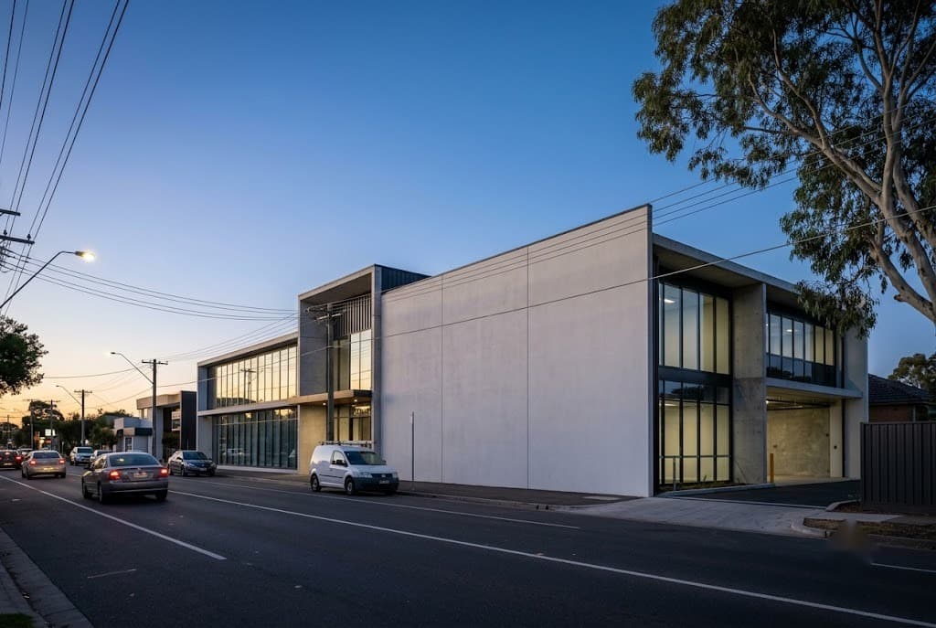 Commercial building frontage with high exposure to passing traffic at dusk
