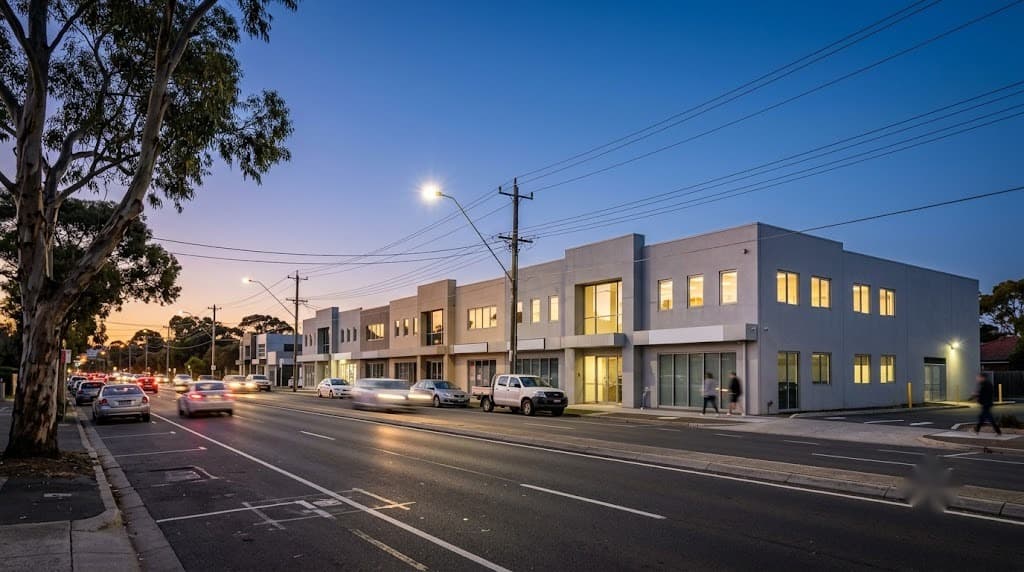 Commercial frontage on an arterial road at dusk